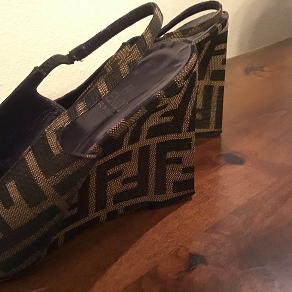 Authentic Fendi Canvas Wedge Slingback Heels - Picture 3 of 10